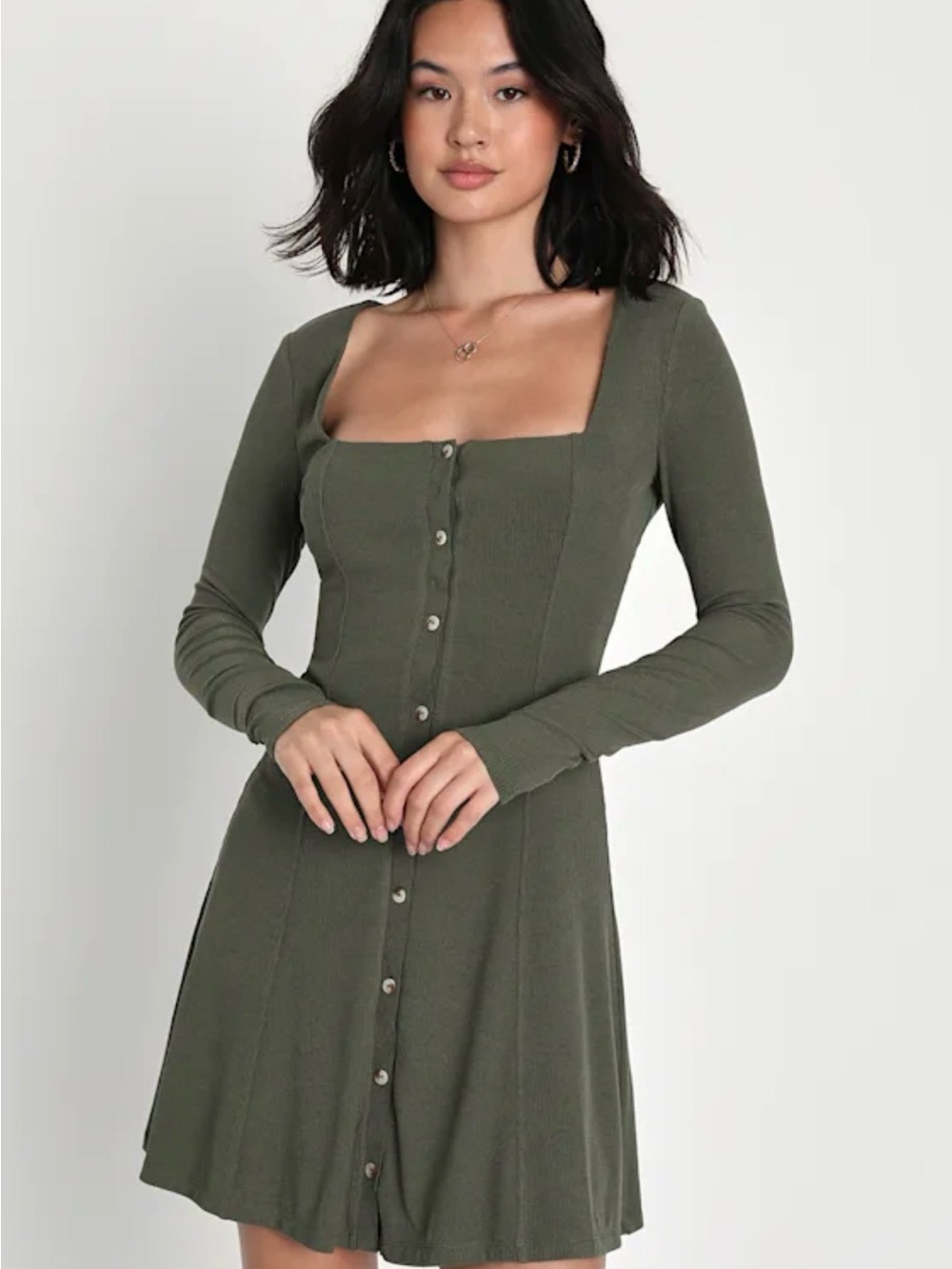 Lulu's Olive Green Square-Neck Button-Front Midi Dress